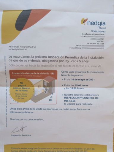 nedgia, Gas Installation- Abgasüberprüfung, Madrid, Spanien, Ankündigung Prüfung per Briefpost