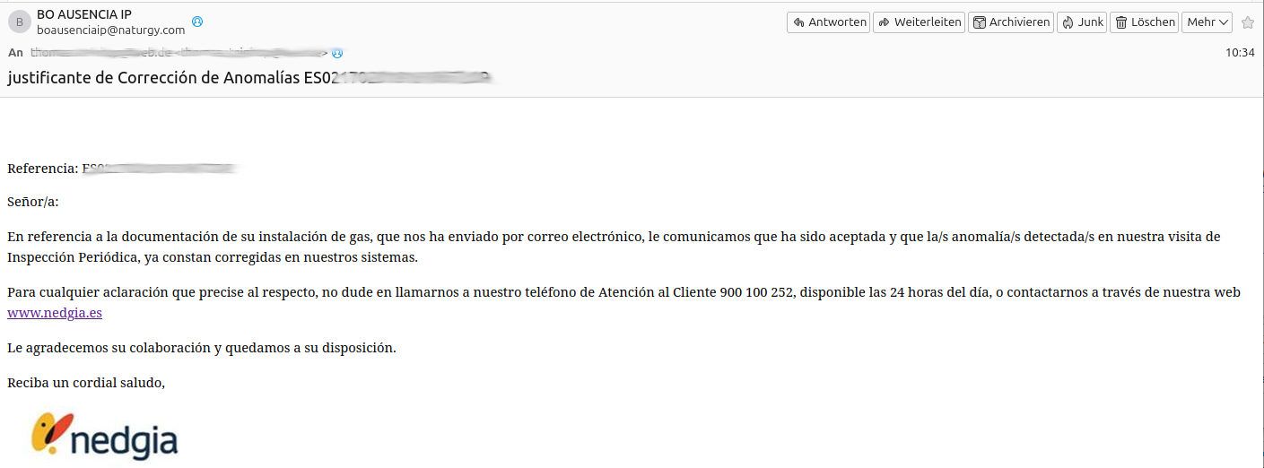 NEDGIA, e-mail von boausenciaip@naturgy.com am 24. Juni 2026 um 10:34 Uhr