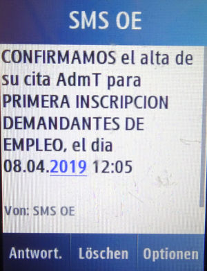 Oficina de Empleo, Madrid, Spanien, SMS Bestätigung Termin auf einem Samsung GT–C3300K