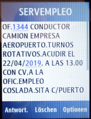 Oficina de Empleo, Madrid, Spanien, SMS Einladung Stellenangebot Coslada auf einem Samsung GT–C3300K