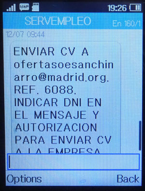 Oficina de Empleo, Madrid, Spanien, SMS Einladung Stellenangebot Sanchinarro auf einem Alcatel 2051x