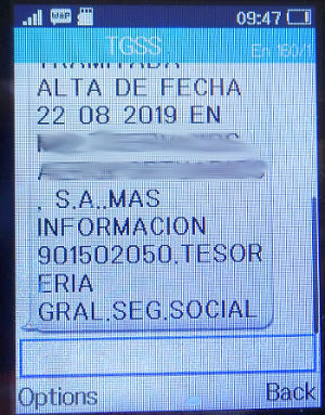 Oficina Integral de la Seguridad Social, Madrid, Spanien, SMS Bestätigung Anmeldung vom Arbeitgeber auf einem Alcatel 2051X Mobiltelefon