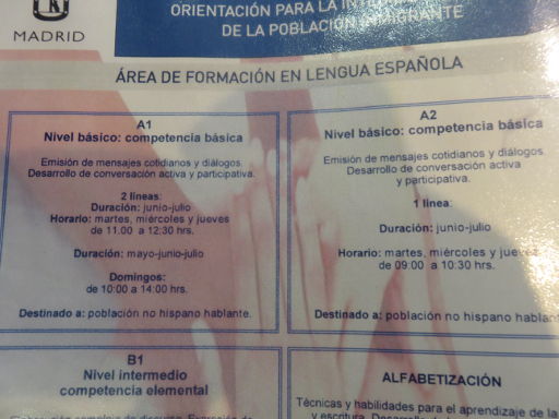 Oficina Municipal de Información y Orientación para la Integración de Población Inmigrante, Madrid, Spanien, Angebote kostenlose Sprachkurse