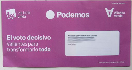 Regional–und Kommunalwahlen, Mai 2023, Madrid, Spanien, Briefpost Werbung izquierda unida Podemos Alianza Verde