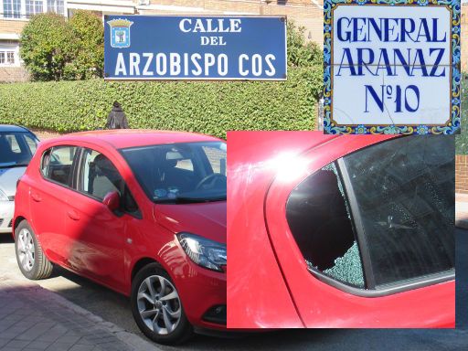 Sicherheit – Kriminalität, Madrid, Spanien, Opel Corsa mit eingeschlagener Seitenscheibe in Pueblo Nuevo, Calle Aranaz / Calle del Arzobispo Cos, Februar 2023