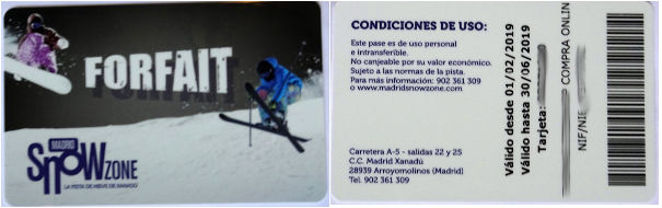 Madrid SnowZone, Madrid, Spanien, Forfait Skipass Vorder– und Rückseite