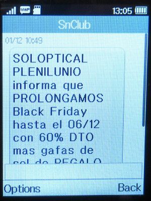 Soloptical®, Madrid, Spanien, Black Friday 2020 SMS auf einem Alcatel 2051X