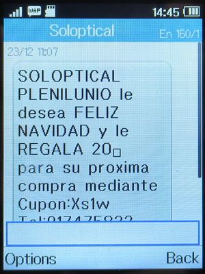 Soloptical®, Madrid, Spanien, Weihnachten 2020 SMS auf einem Alcatel 2051X