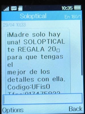 Soloptical®, Madrid, Spanien, Muttertag 2021 SMS auf einem Alcatel 2051X