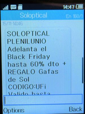 Soloptical®, Madrid, Spanien, Black Friday 2021 SMS auf einem Alcatel 2051X