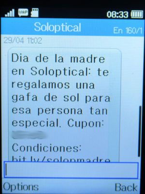 Soloptical®, Madrid, Spanien, Muttertag 2022 SMS auf einem Alcatel 2051X