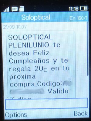 Soloptical®, Madrid, Spanien, Geburtstag 2022 SMS auf einem Alcatel 2051X