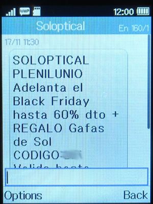 Soloptical®, Madrid, Spanien, Black Friday 2022 SMS auf einem Alcatel 2051X