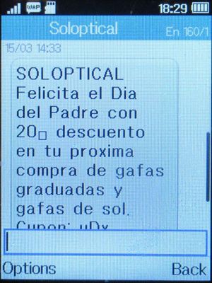 Soloptical®, Madrid, Spanien, Día del Padre 2023 SMS auf einem Alcatel 2051X