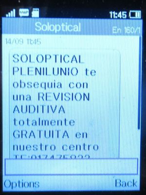 Soloptical®, Madrid, Spanien, Hörtest 2023 SMS auf einem Alcatel 2051X