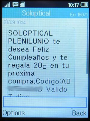 Soloptical®, Madrid, Spanien, Geburtstag 2023 SMS auf einem Alcatel 2051X