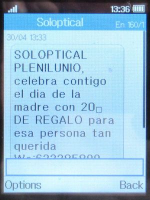 Soloptical®, Madrid, Spanien, Muttertag 2025 SMS auf einem Alcatel 2051X