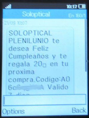 Soloptical®, Madrid, Spanien, Geburtstag 2025 SMS auf einem Alcatel 2051X