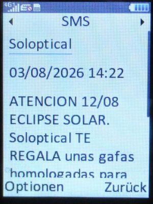 Soloptical®, Madrid, Spanien, Brille zur Sonnenfinsternisbeobachtung 2026 SMS auf einem danew KONNECT 43 Mobiltelefon