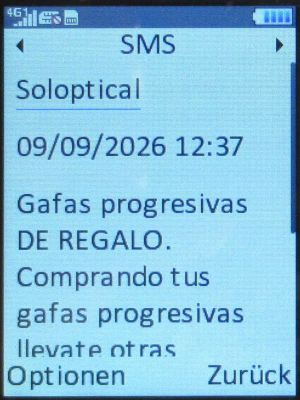 Soloptical®, Madrid, Spanien, Werbung September 2026 SMS auf einem danew KONNECT 43 Mobiltelefon