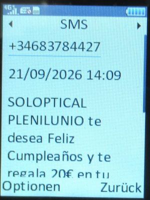 Soloptical®, Madrid, Spanien, Geburtstag 2026 SMS auf einem danew KONNECT 43 Mobiltelefon