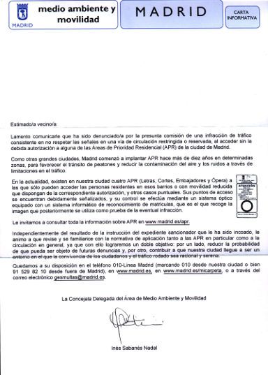 Strafzettel Bußgeldbescheid, Madrid, Spanien, Bußgeldbescheid Seite 1