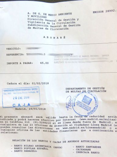 Strafzettel Bußgeldbescheid, Madrid, Spanien, Beleg Zahlung Banco Bilbao Vizcaya Argentaria BBVA Hermanos Garcia Noblejas 20 am 19. Januar 2018