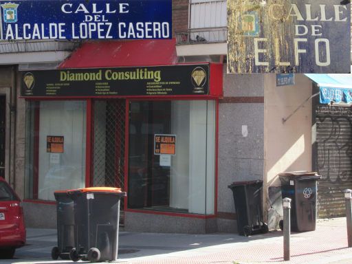 Strukturwandel Ladengeschäfte, Madrid, Spanien, Diamond Consulting, Kreuzung Calle del Alcalde Lopez Casero 12 / Calle de Elfo, 28027 Madrid im Mai 2025 geschlossen