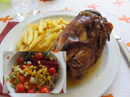 Tren de Felipe II, Madrid, Spanien, Restaurant Exit mit Mittagsmenü Salat, Schweinshaxe, Nachtisch und Getränk