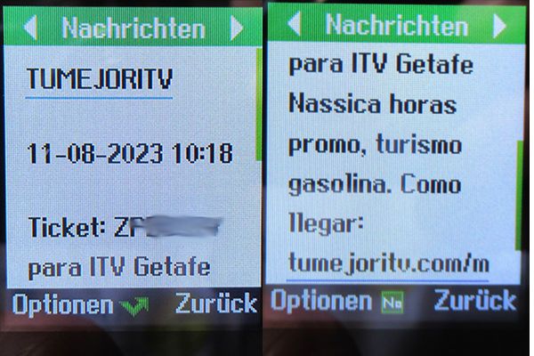 TÜV - ITV Getafe Nassica, Madrid, Spanien, TÜV - ITV Getafe Nassica SMS mit Gutschein Code auf einem danew Konnect 34