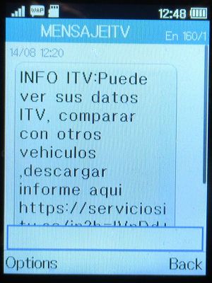 TÜV - ITV Getafe Nassica, Madrid, Spanien, TÜV - ITV Getafe Nassica SMS Hinweis Prüfergebnisse auf einem Alcatel 2051X