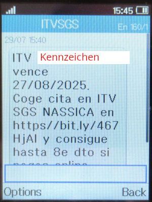 TÜV - ITV Getafe Nassica, Madrid, Spanien, TÜV - ITV Getafe Nassica SMS im Juli 2025 auf einem Alcatel 2051X