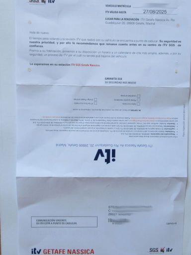ITV Getafe Nassica, Madrid, Spanien, Erinnerung von SGS per Briefpost ITV Termin 2025