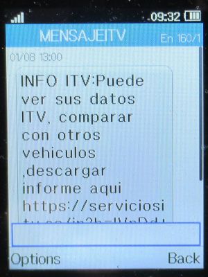 TÜV - ITV Getafe Nassica, Madrid, Spanien, TÜV - ITV Getafe Nassica SMS Hinweis Prüfergebnisse 2025 auf einem Alcatel 2051X