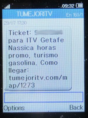 TÜV - ITV Getafe Nassica, Madrid, Spanien, TÜV - ITV Getafe Nassica SMS mit Gutschein Code im Juli 2025 auf einem Alcatel 2051X