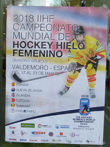 IIHF Ice Hockey Women’s World Championship Division II Group B, Valdemoro, Madrid, Spanien, Plakat am Eingang der Pista de Hielo de Valdemoro