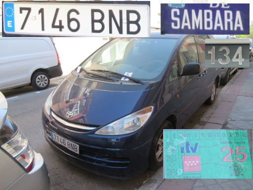Veh&iacute;culos abandonados, verlassene Fahrzeuge, Madrid, Spanien, Toyota Previa, Kennzeichen 7146 BNB, Erstzulassung September 2001, Calle Sambara 134, 28027 Madrid im April 2026