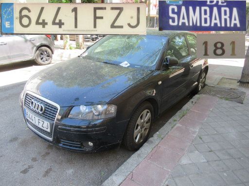 Veh&iacute;culos abandonados, verlassene Fahrzeuge, Madrid, Spanien, Audi A3, Kennzeichen 6441 FZJ, Erstzulassung Januar 2008, Calle Sambara 181, 28027 Madrid im April 2026