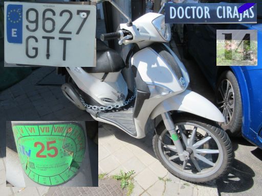 Vehículos abandonados, verlassene Fahrzeuge, Madrid, Spanien, Motorroller Piaggio, Kennzeichen 9627 GTT, Erstzulassung März 2010, Calle Doctor Cirajas 14, 28017 Madrid im April 2026