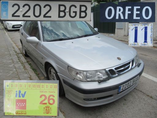 Vehículos abandonados, verlassene Fahrzeuge, Madrid, Spanien, Saab, Kennzeichen 2202 BGB, Erstzulassung Februar 2001, Calle Orfeo 11, 28022 Madrid im April 2026
