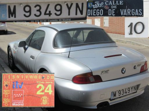 Veh&iacute;culos abandonados, verlassene Fahrzeuge, Madrid, Spanien, BMW Z3 2.0, Kennzeichen M 9349 YN, Erstzulassung Januar 2000, Calle Diego de Vargas 10, 28022 Madrid im April 2026