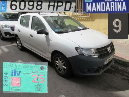 Vehículos abandonados, verlassene Fahrzeuge, Madrid, Spanien, Dacia Sandero, Kennzeichen 6098 HPD, Erstzulassung März 2013, Calle Mandarina 9, 28027 Madrid im April 2026