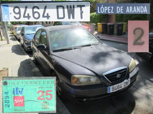 Vehículos abandonados, verlassene Fahrzeuge, Madrid, Spanien, Hyundai Elantra, Kennzeichen 9464 DWT, Erstzulassung Januar 2005, Calle Lopez de Aranda 2, 28027 Madrid im April 2026