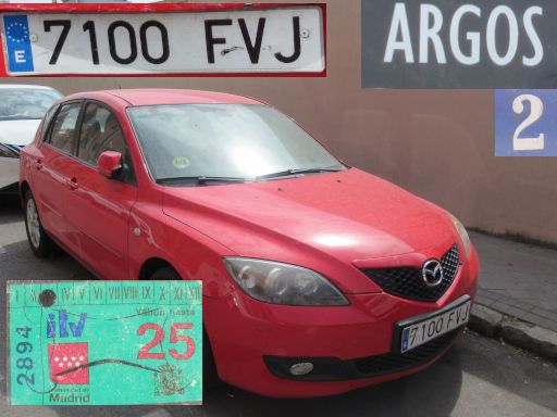 Vehículos abandonados, verlassene Fahrzeuge, Madrid, Spanien, Mazda 3, Kennzeichen 7100 FVJ, Erstzulassung August 2007, Calle Argos 2, 28037 Madrid im August 2025