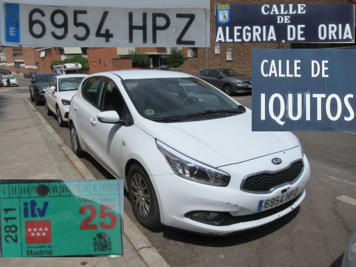 Vehículos abandonados, verlassene Fahrzeuge, Madrid, Spanien, Kia Ceed, Kennzeichen 6954 HPZ, Erstzulassung Mai 2013, Calle Alegria de Oria / Calle Iquitos, 28027 Madrid im August 2025