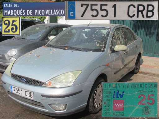 Vehículos abandonados, verlassene Fahrzeuge, Madrid, Spanien, Ford Focus 1.6, Kennzeichen 7551 CRB, Erstzulassung Dezember 2003, Calle Marques de Pico Velasco 25, 28027 Madrid im August 2025
