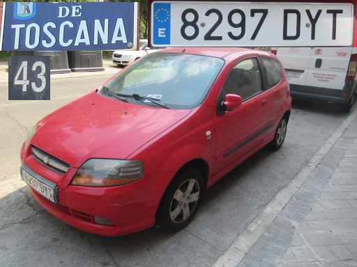 Vehículos abandonados, verlassene Fahrzeuge, Madrid, Spanien, Chevrolet Kalos, Kennzeichen 8297 DYT, Erstzulassung Januar 2005, Calle Toscana 43, 28037 Madrid im August 2025