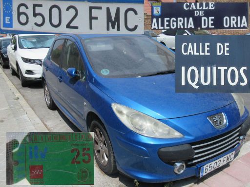 Vehículos abandonados, verlassene Fahrzeuge, Madrid, Spanien, Peugeot 307, Kennzeichen 6502 FMC, Erstzulassung März 2007, Calle Alegria de Oria / Calle Iquitos, 28027 Madrid im August 2025