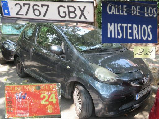 Vehículos abandonados, verlassene Fahrzeuge, Madrid, Spanien, Toyota Aygo, Kennzeichen 2767 GBX, Erstzulassung März 2008, Calle Misterios 22, 28027 Madrid im August 2025