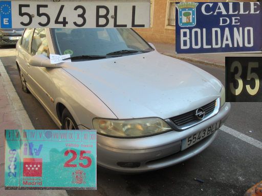 Vehículos abandonados, verlassene Fahrzeuge, Madrid, Spanien, Opel Vectra 1.8, Kennzeichen 5543 BLL, Erstzulassung Juli 2001, Calle Boldano 35, 28027 Madrid im August 2025